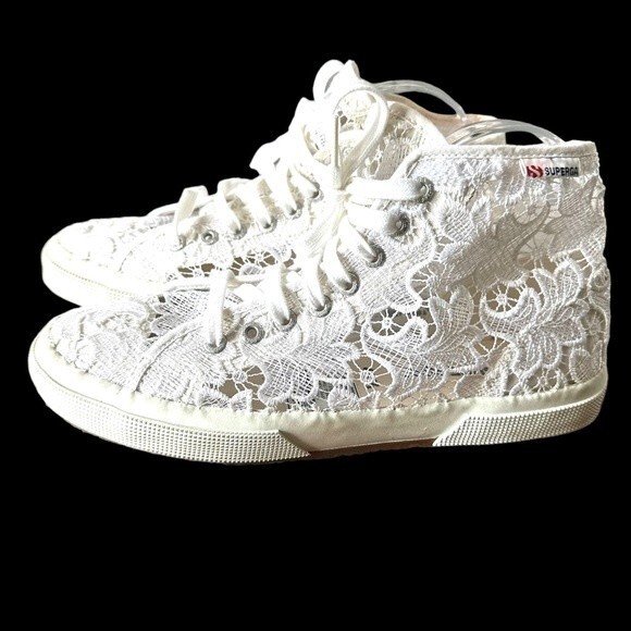 SUPERGA White Lace High Top Sneakers Gently Used Size 11 - Picture 3 of 11